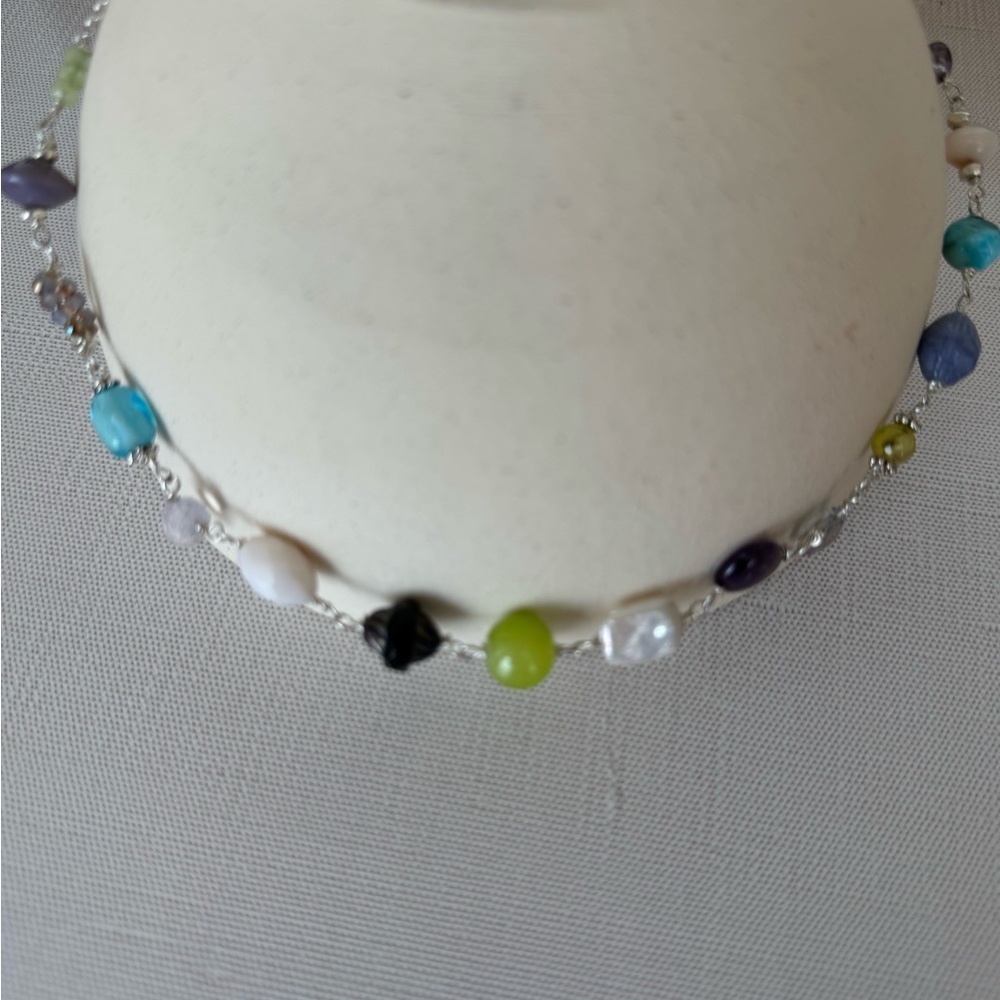Multi Color And Shape Gemstone And Silver Necklace - image 4